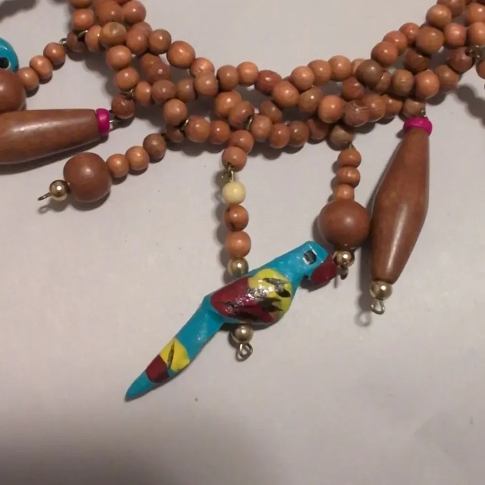 Colorful Wooden Bead Bird Necklace and Pierced Earring Set Tropical Fun